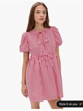 English Factory Red & White Striped Tie-Front Puff Sleeve Mini Dress